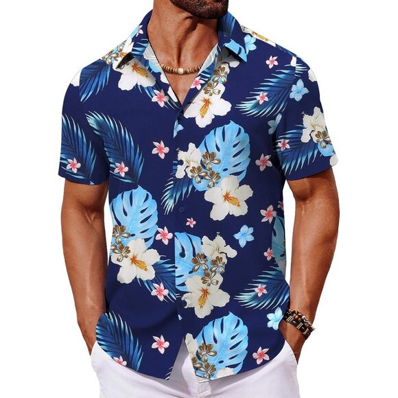 Men's Hawaiian Shirt Navy Blue Tropical Floral Short Sleeve Button Up Casual - Picture 1 of 6